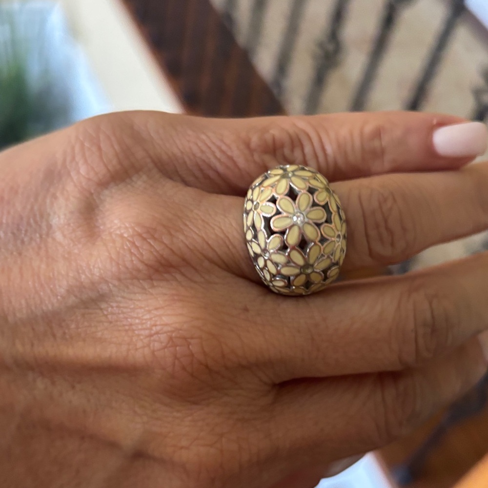 Coach Yellow Floral Dome Ring with Silver Accents